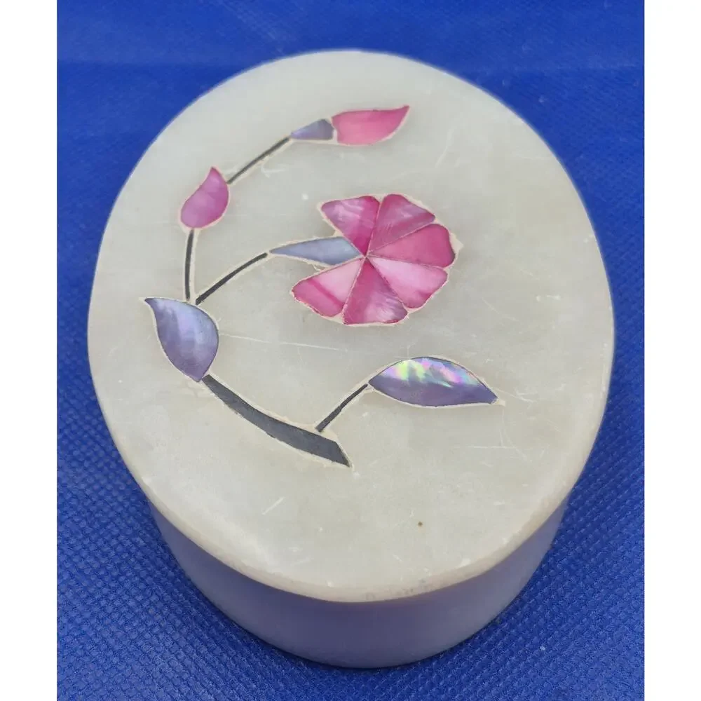 Vintage Mother of Pearl Inlay Alabaster Lidded Oval Trinket Box 4.25x3